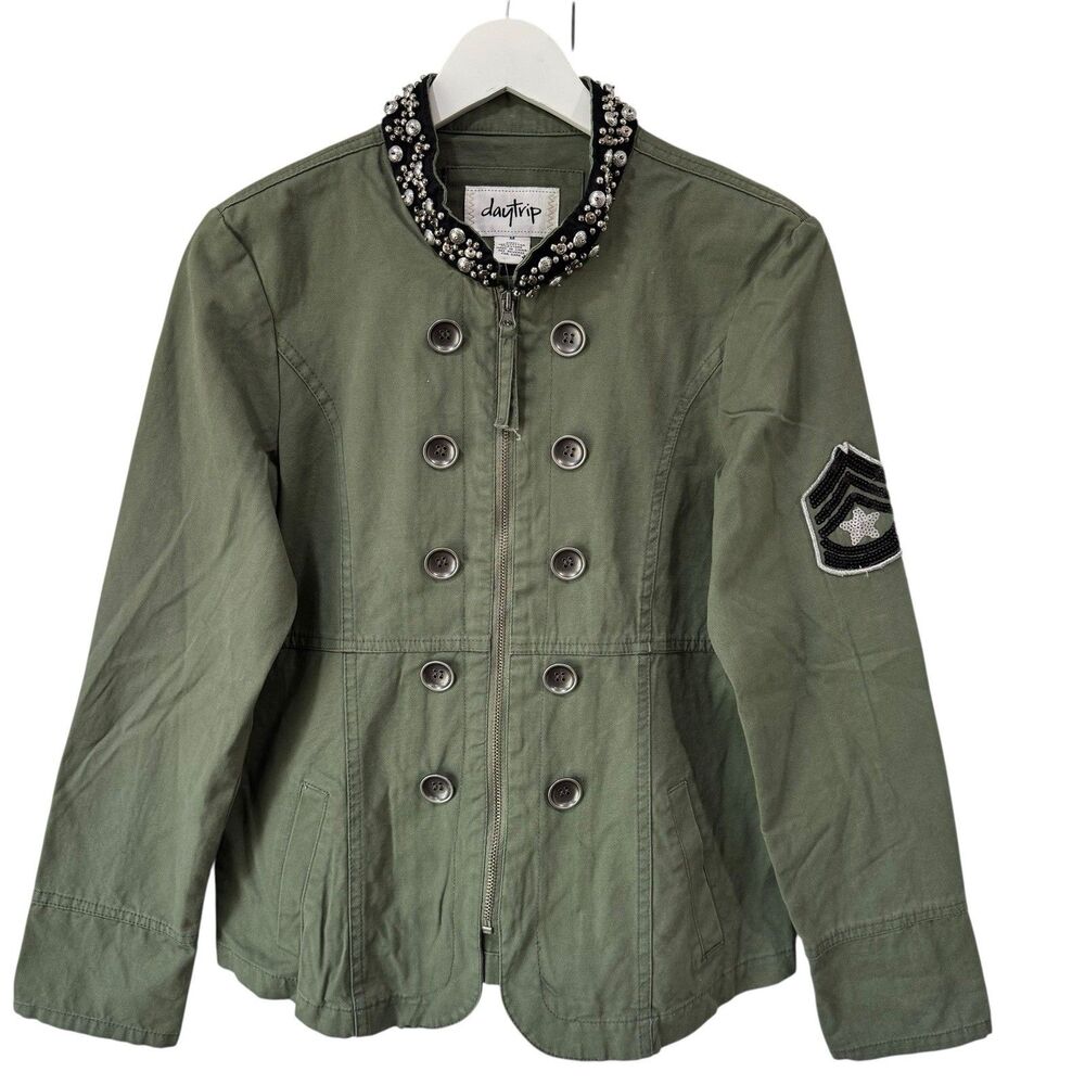 Daytrip Buckle Military Jacket Olive Green Embellished Grunge Zipper Medium New